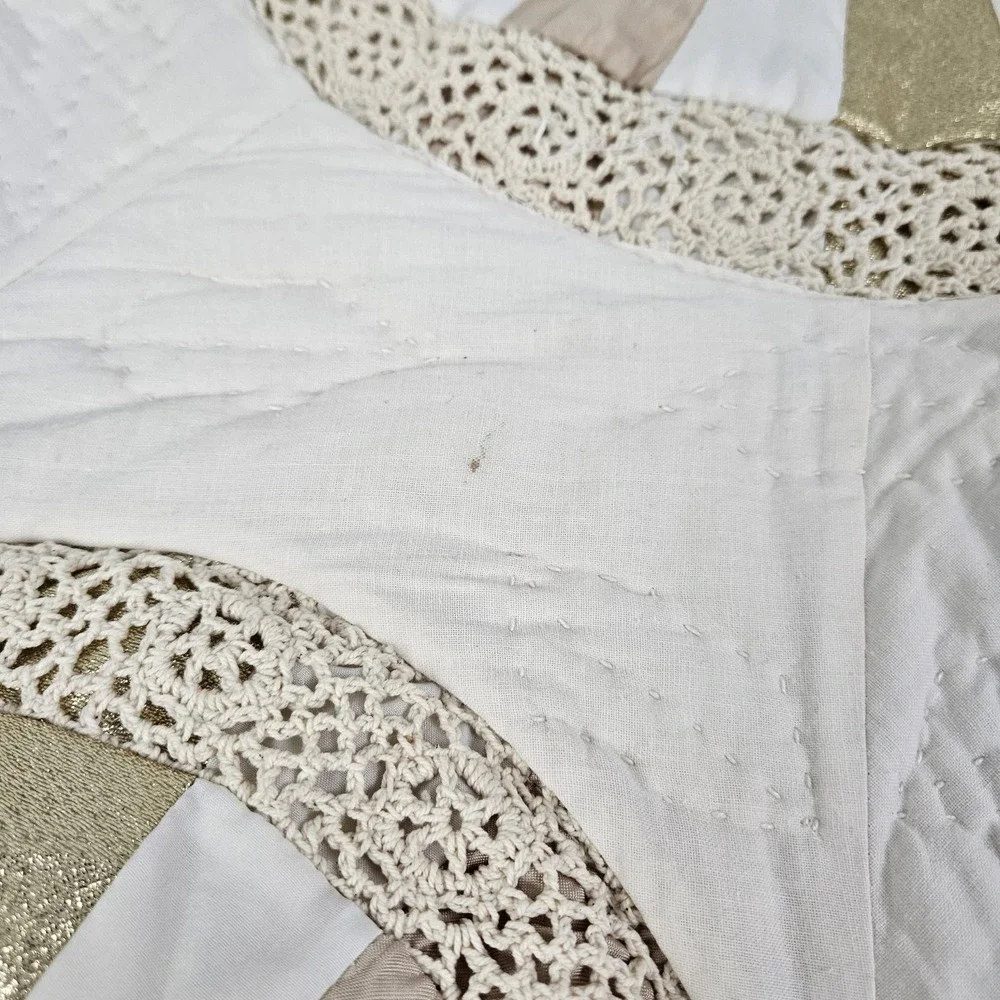 Patchwork Christmas Tree Skirt Quilted Chrochet Large Gold Lame Vintage